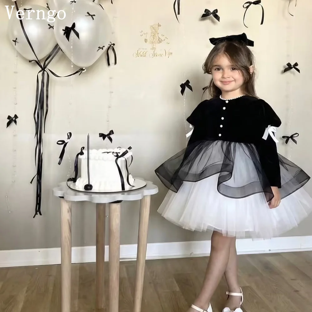 

Verngo Black Velvet Girl Flowers Dress O Neck Full Sleeves Pearls Ball Gowns Princess Celebrity Formal Occasion Dress Customized