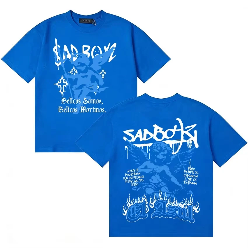 Rapper Junior H Sad Boyz Hip Hop Double Sided Print Summer T Shirt Men Women Crewneck Short Sleeve Oversized Streetwear Clothing