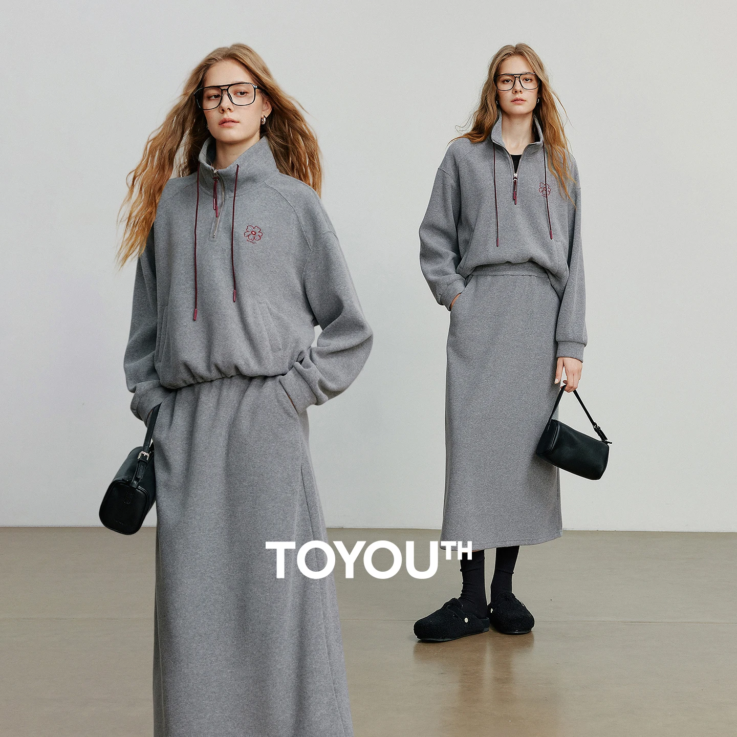 

TOYOUTH Women Hoodie & Midi Skirt 2025 Autumn NewAsymmetric Terry Cotton Fleece Casual Two-Piece Set