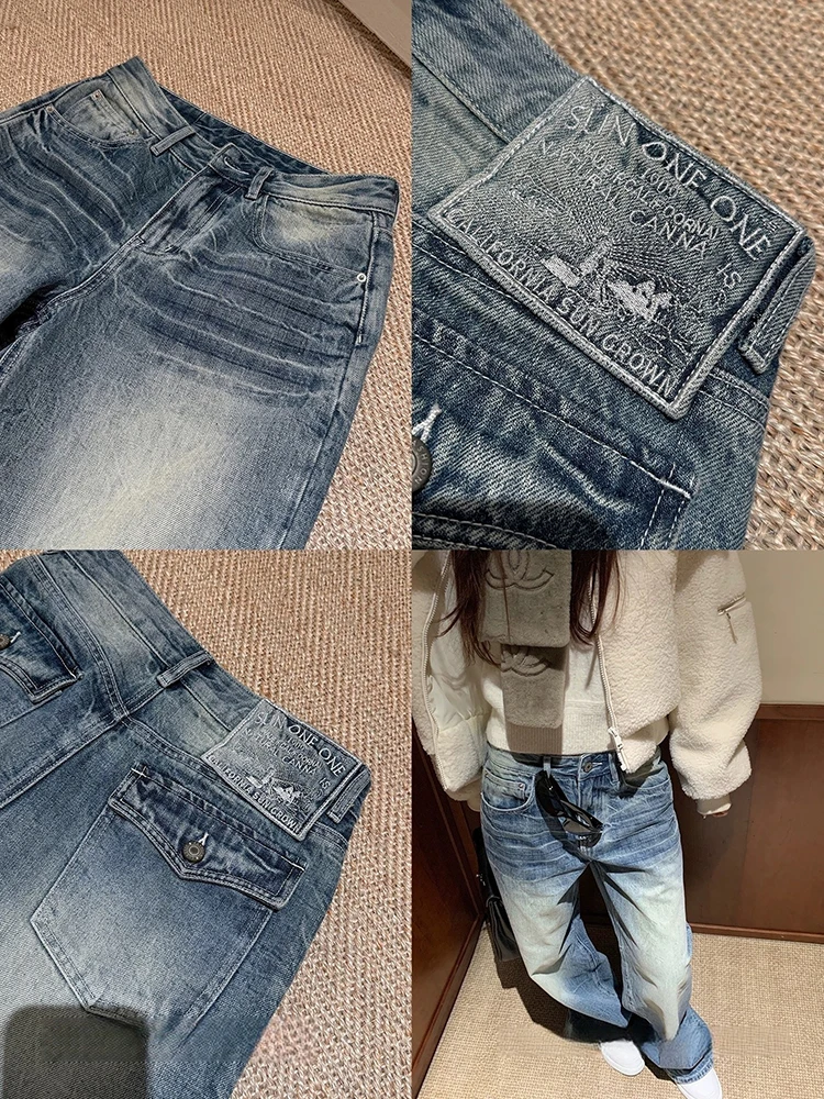 Mueyaruho 2026 봄 여름 여성 청바지 아메리칸 워시드 로우 웨이스트 루즈핏 스트레이트 데님 팬츠 여성용