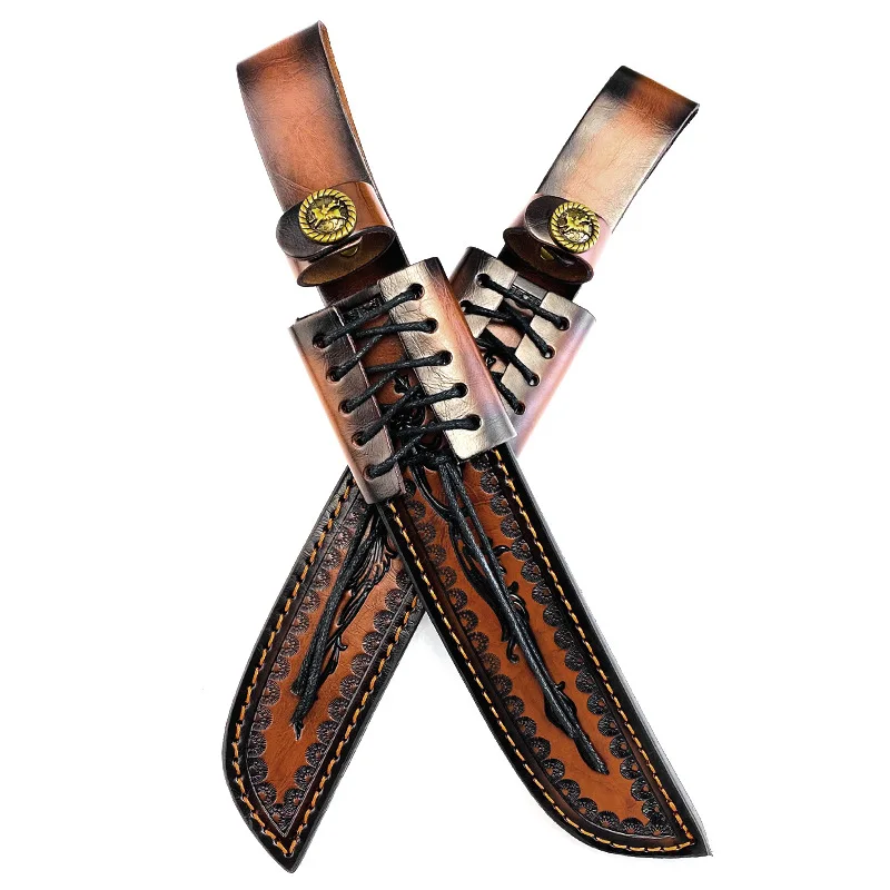 Genuine Cowhide Fixed Blade Knife Sheath - Universal Full-Grain Leather Case for Hunting Knife Embossed Design