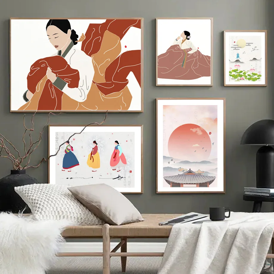 Korean Style Boho Hanbok Girl Asian Wall Art Aesthetics Print Canvas Painting Posters for Living Room Modern Home Decor