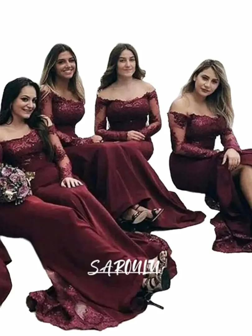 Burgundy Off-The-Shoulder Bridesmaid Dress Long Illusion Lace Sleeves Wedding Party Dress With Slit Robe De Soriee