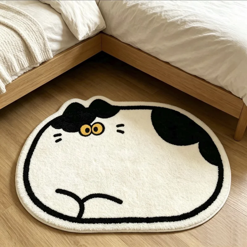 VIKAMA Fluffy Cartoon Cat Rug White Kitten Face Yellow Eyes Soft Anti‑Slip Floor Mat For Living Room Kids Room Home Decor