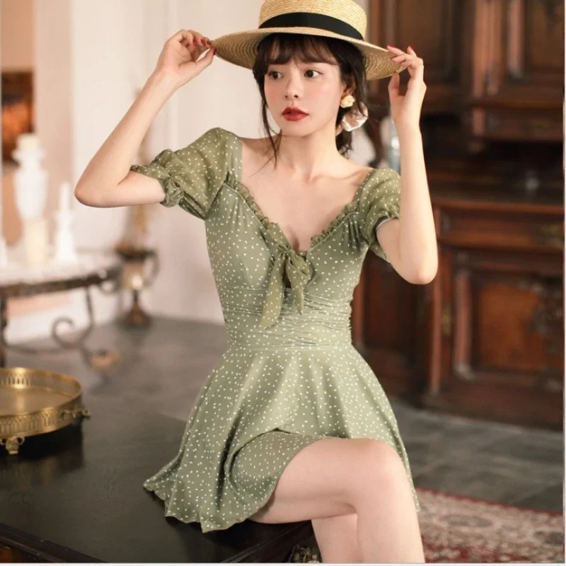 Green Round Dot One Piece Swimsuit Women Summer Puffe Sleeve High Waist Swimwear Sexy Backless Beach Holiday Slim Bathing Suit