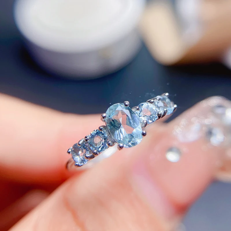 Anéis Aquamarine Naturais para Mulheres, Jóias de Prata 925, Pedras de Luxo Banhado a Ouro 18K, Itens de Frete Grátis