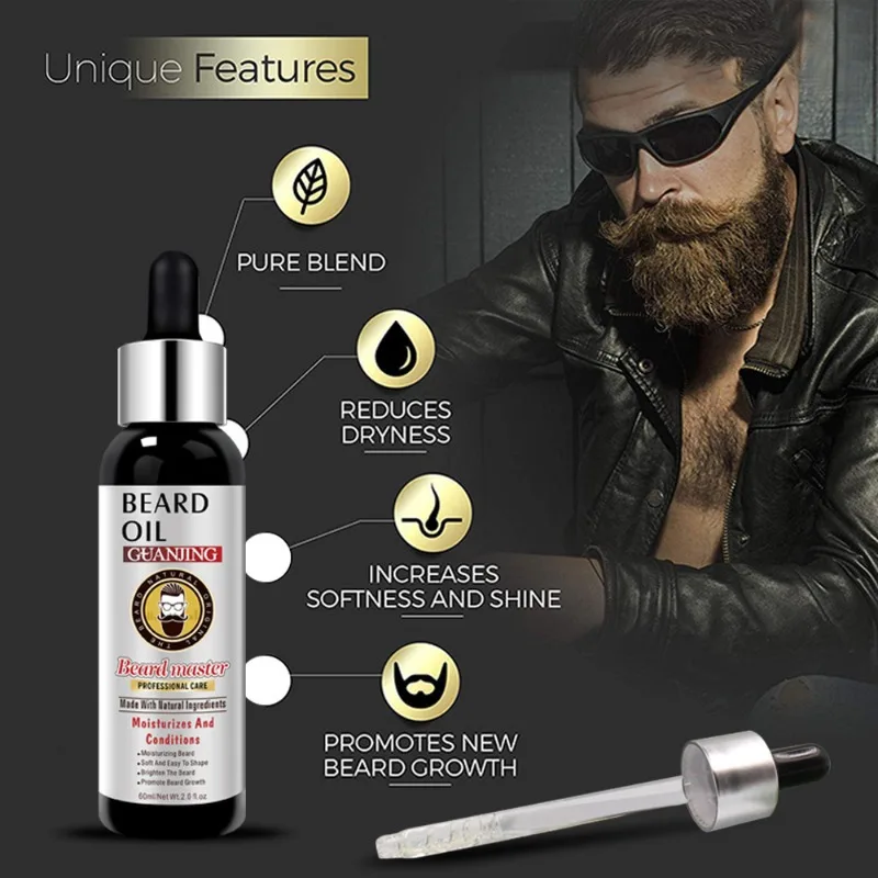 Óleo essencial de crescimento natural da barba, 60ml, para homens, produtos de aliciamento de barba, cuidados com a pele, engrossar, macio, suave, nutrir a barba