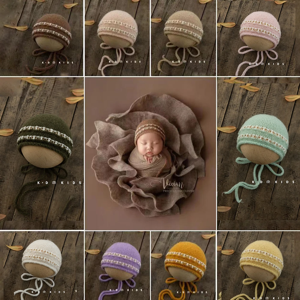 

Newborn Photography Props Cute Animals Bunny Ears Knitted Hats 0-1 Month Old Baby Crocheted Woolen Hat Photo Shooting Accessorie