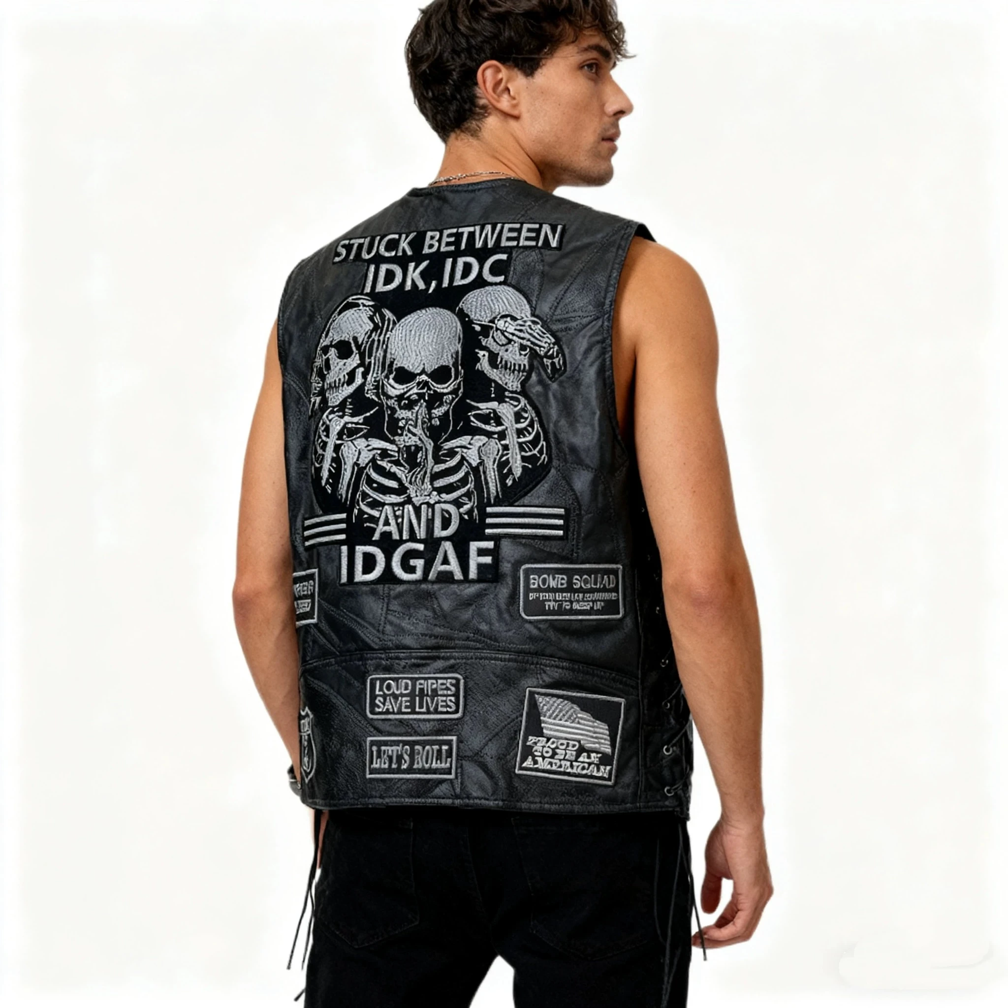 Vintage Motorcycle Biker Leather Vest Skull Skeleton Embroidered Back Patch Adjustable Side Lace‑Up Sleeveless Riding Gilet view 4