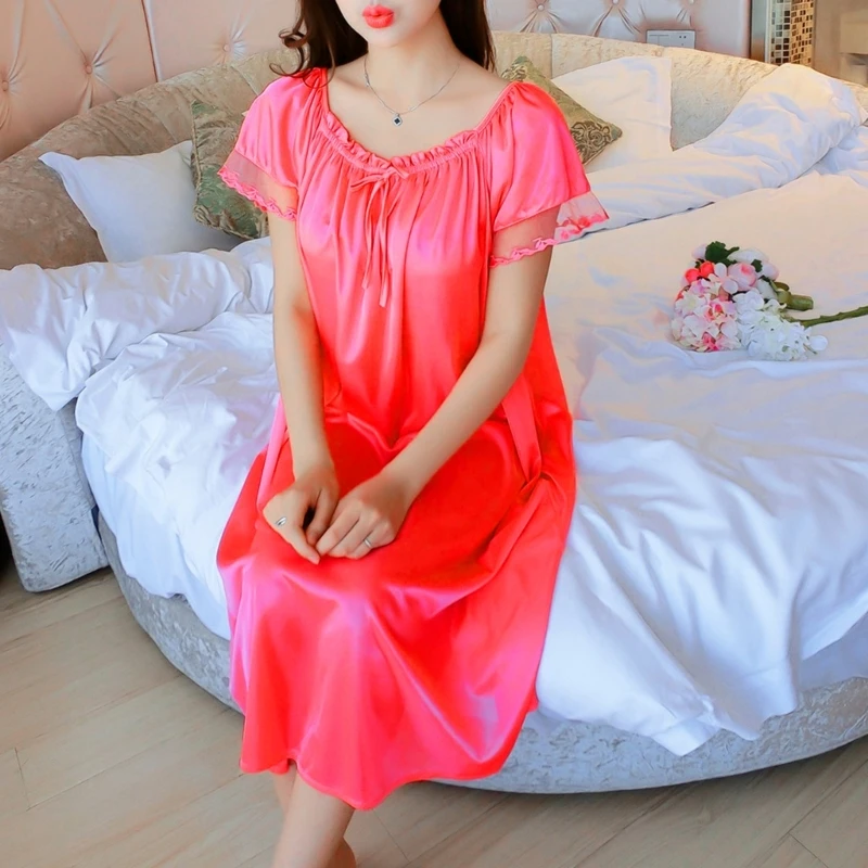 Womens Summer Lace Ice Silk Nightdress Short Sleeve Loose Nightgown XL Drop Shipping
