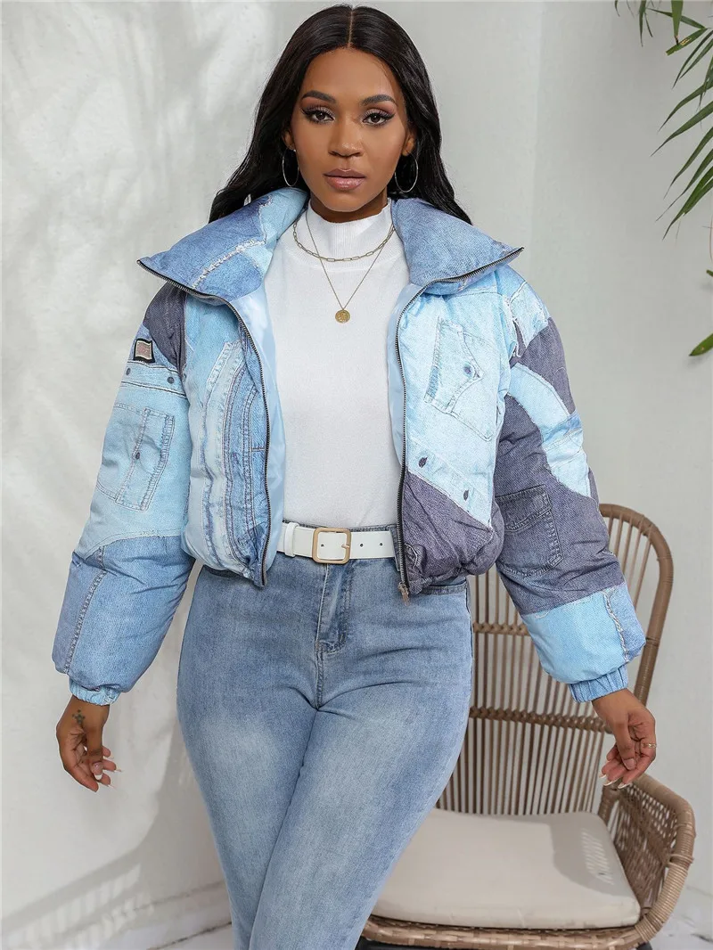 New 2023 Women Winter Denim 3D Print Zipper Puff Crop Jacket Parkas Warm Thick Down Turtleneck Zipper Bread Jacket Coats Clothes