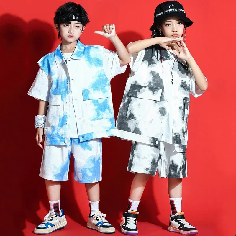 Short Sleeved Jazz Dance Costumes Girls Tie-Dye Vest Shorts For Boys Street Wear Stage Outfits Kids Hip Hop Clothing SL7011