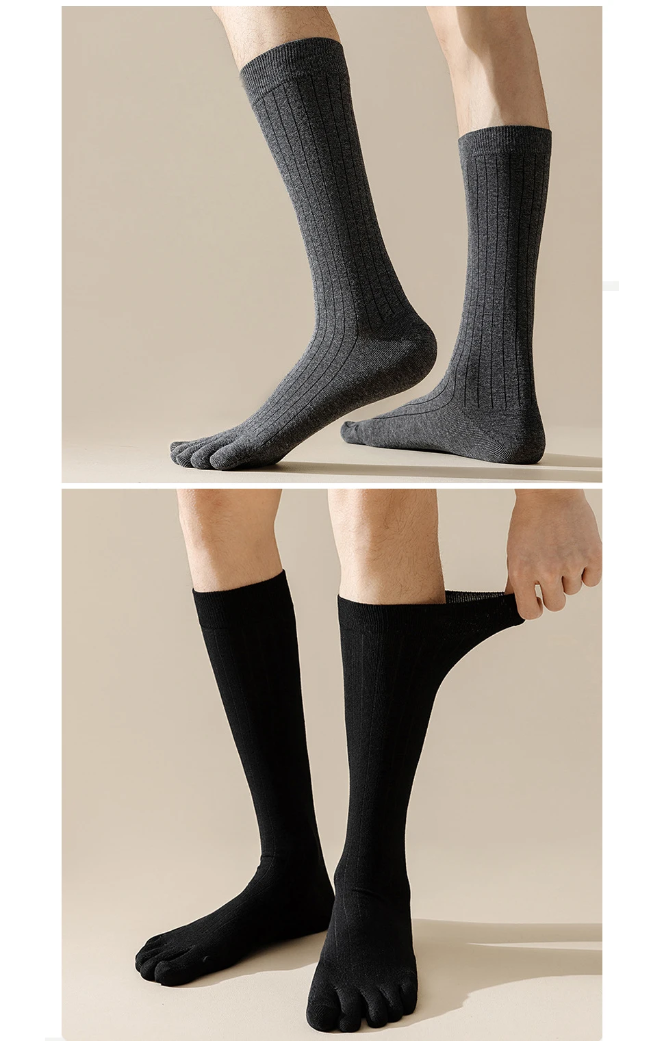 1/4 Paar Herren-Zehensocken, lange Baumwolle, einfache Business-Party-Kleid-Strümpfe, Gentleman, atmungsaktiv, 5-Finger-Socken, Wade, 4 Jahreszeiten – Detail 5