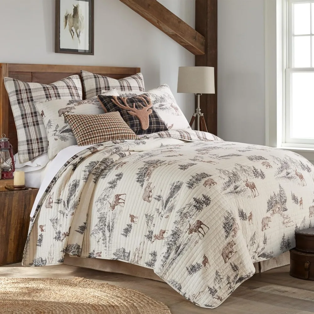 Ensemble de couette King Quilt and Two King Shams, Mountain Lodge, Brown Cream Charcoal, Cotton, 106x92in, 20x36in