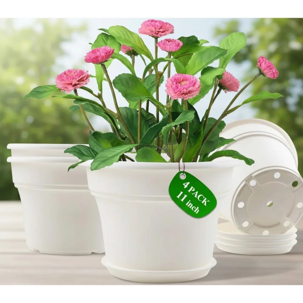 

11 Inch Plastic Flower Pots 4 Pack with Drainage Holes & Saucers, Indoor Outdoor Planters for Garden Decor