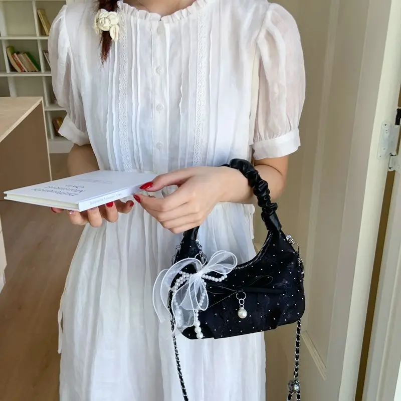 

Sweet Cute Bow Pleated Handbag Women Chain Butterfly Print Shoulder Bags Ladies Elegant Polka Dot Large Capacity Crossbody Bag