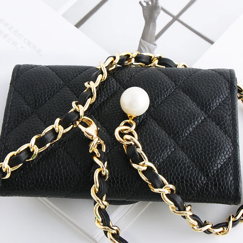 Small Fragrant Card Three Fold Money Clip Waist Chain Crossbody Buckle Shoulder Strap Chain Sheepskin Wearing Co