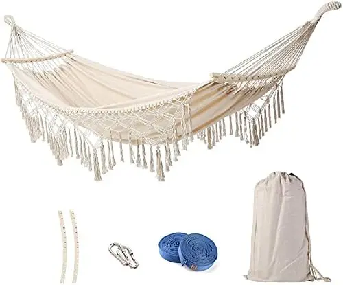 

Hammock Hanging Swing Double Boho Brazilian Macrame Fringe Max 500 lbs for Indoor Outdoor Yard Garden