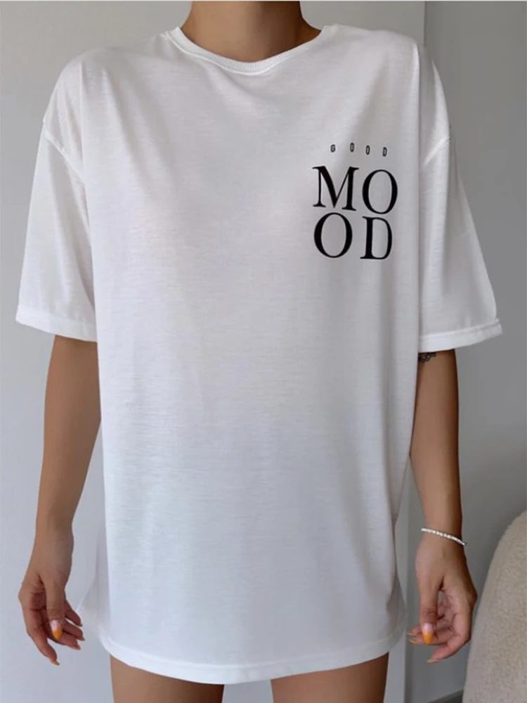Blessyuki-T-shirt simple en coton doux pour femme, estival et décontracté, avec lettres imprimées, grande taille, Harajuku