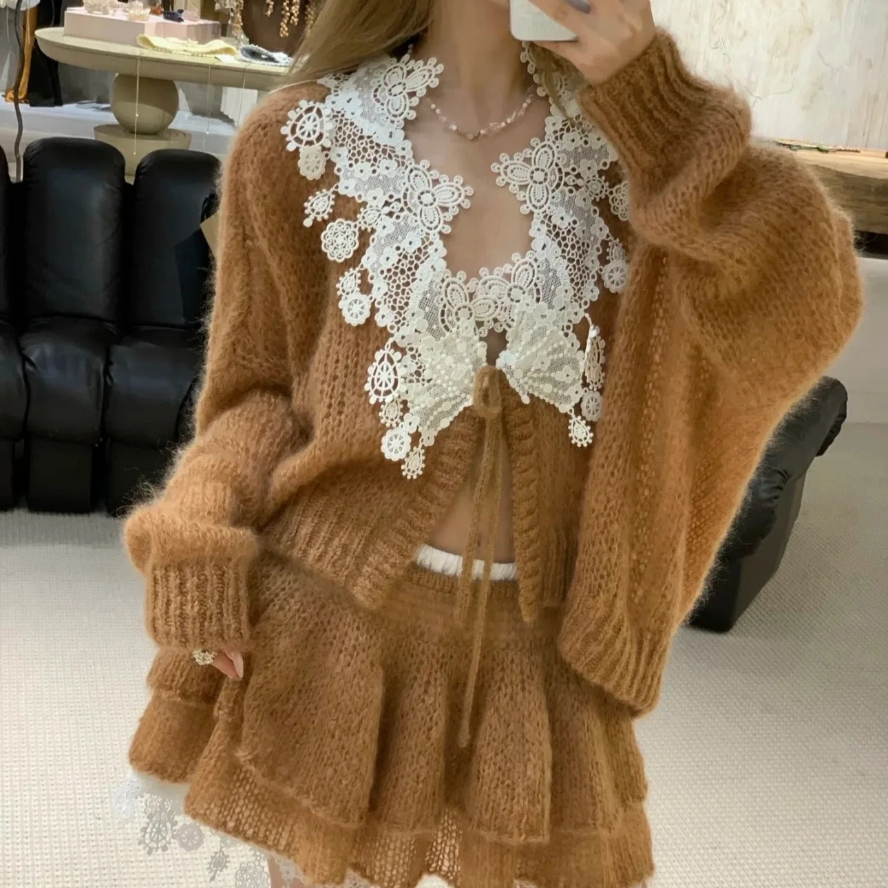 

Women Lace Embroidery Knitted Cardigan sweater Lace-up V-Neck Long Sleeve Elegant Ladies Sweater