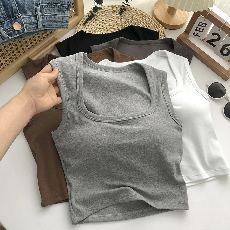 Summer Top Woman Clothing Sexy Low-Collar Sleeveless Square Neck Tank Tops with Chest Pad Solid Female Slim Bottoming Crop Tops