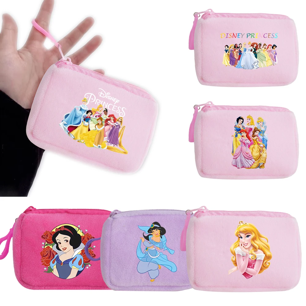 Princess Disney Kids Anime Plush Coin Purse Girls Mini Wallet Printed Moneybag Kawaii Square Portable Storage Bag Birthday Gifts