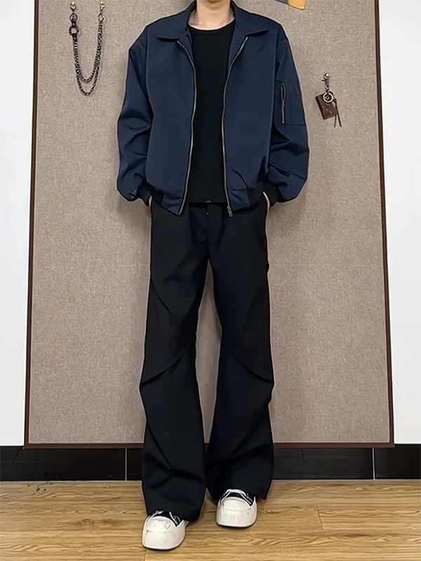 

American Sle Casual Loose Men's Suit Pants with Pleats Paratrooper Design Drapey Straight Leg High-End Feeling West Pants