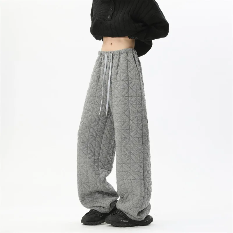 

New Simple Men's Casual Pants Solid Color American Style Drawstring Elastic Waist Quilted Wide Leg Straight Bottom