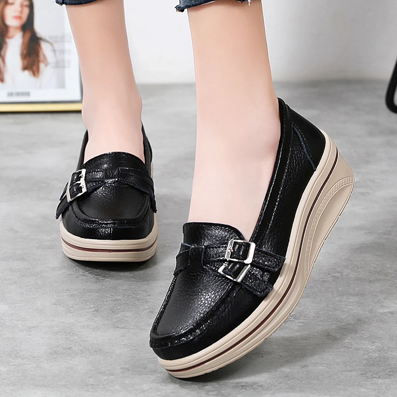 2022 Spring Autumn Women Flats Platform Loafers Ladies Leather Comfort Wedge Moccasins Orthopedic Slip On Casual Shoes plus size