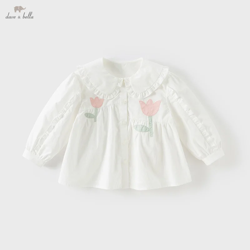 Dave Bella Children's  White Shirt Spring Girls' Baby Blouse Floral Print Cute Sweet Cotton Casual Top Party Outdoor DB1250835