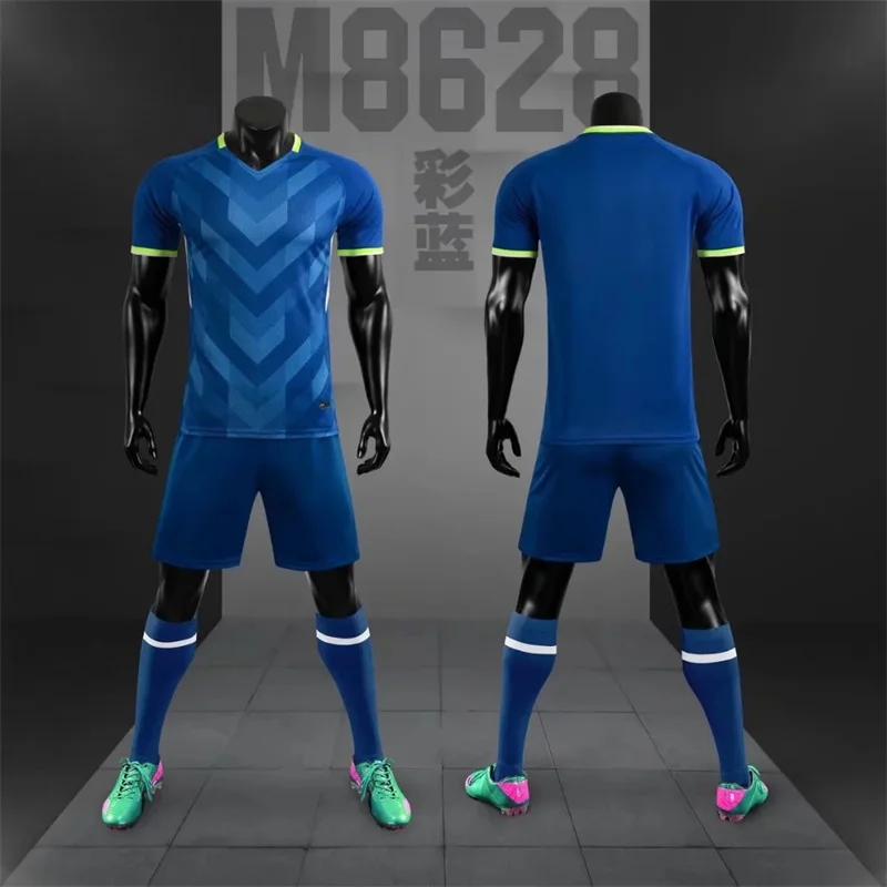 Summer brand football wear blue red white jersey custom short-sleeved T-shirt shorts set  8628