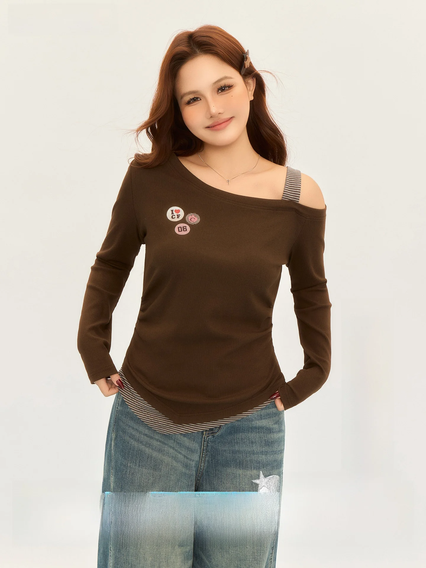 

Slim Fit Long Sve Printed T-irt Women's oulder Design Cotton Blend Stretchy Comfortable Chic Fruit Sli Trendy Top