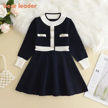 ベアリーダー冬長袖子供服パールボタンカラーブロック A ラインニットドレスキッズドレス女の子のための