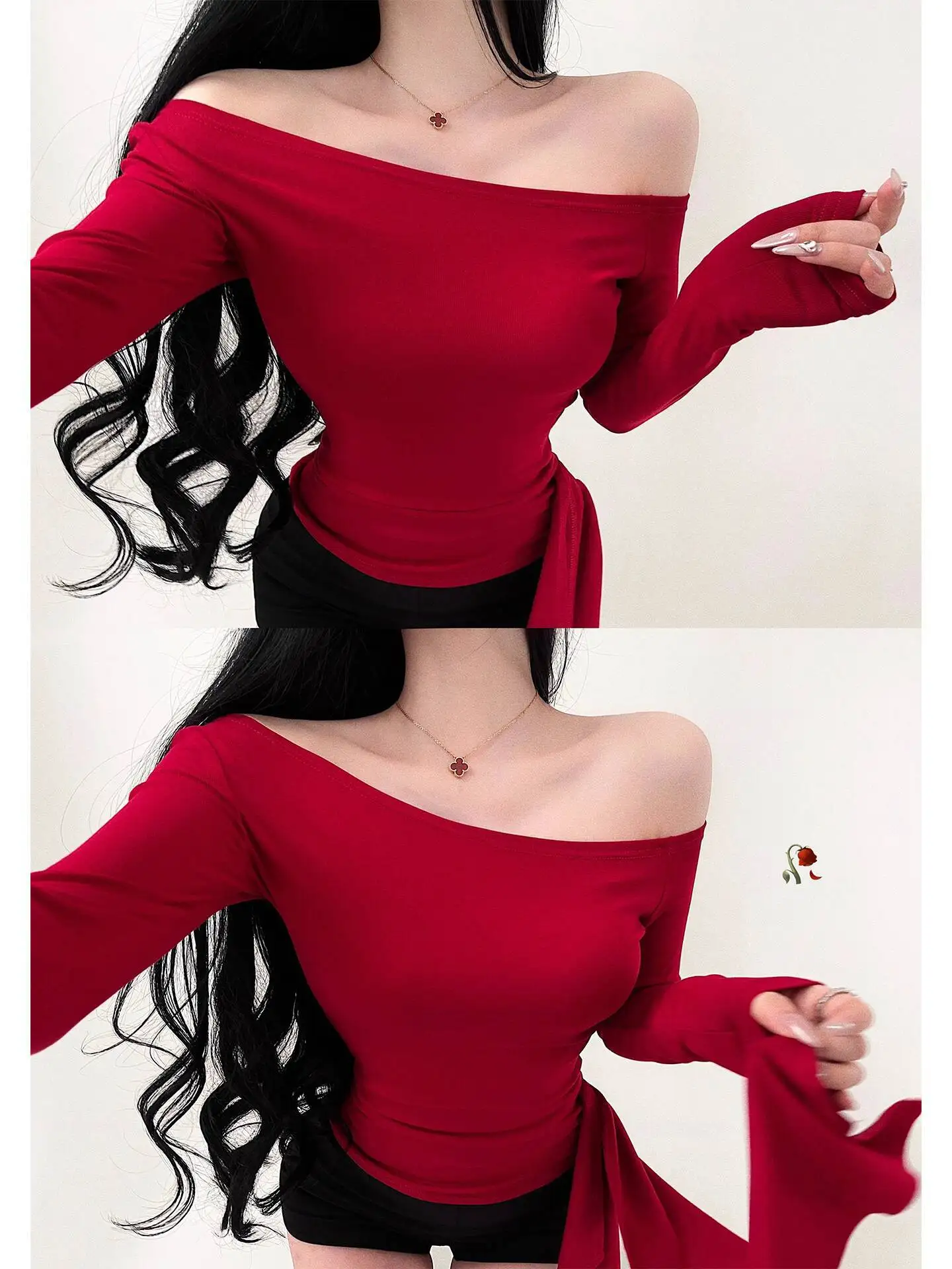 Camisetas ajustadas a la moda para mujer, camiseta Sexy de manga larga con hombros descubiertos y cintura fruncida, cinta lateral, Top ZYH7