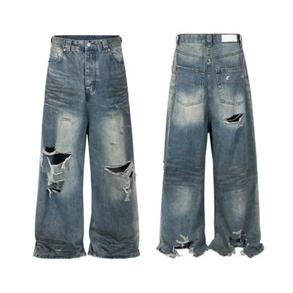 Bequeme Mode Herbst Frühling weites Bein Hosen beschädigt Loch Jeans lässig Mode Vintage Hosen regelmäßig nicht dehnen