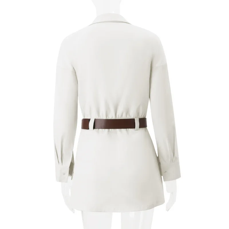 2025 가을 여성용 우아한 솔리드 컬러 캐주얼 긴팔 버튼 미니 드레스 패션 라펠 슬림 스트리트 벨트 드레스