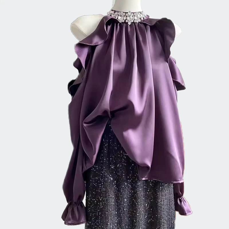 

Sexy Off Shoulder Purple Satin Blouses Women Beaded Halter Neck Long Sleeve Women Party Tops Korean Fashion Casual Ruffles Shirt
