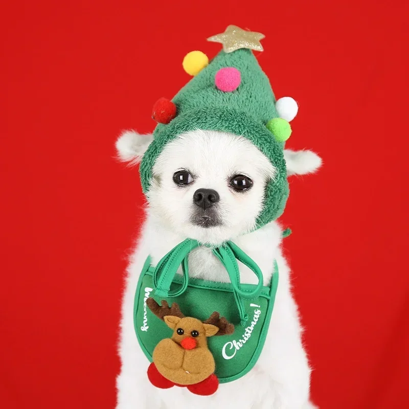 Hat for Dogs Winter Warm Stripes Knitted Hat+Scarf Collar Puppy Teddy Costume Christmas Clothes Santa Dog Costumes