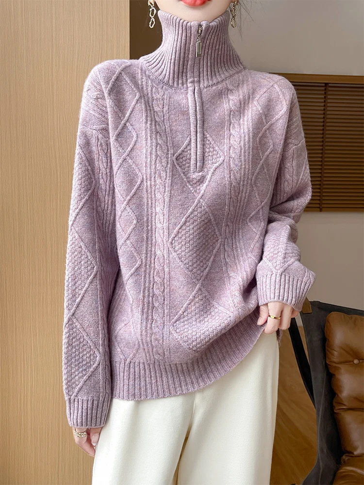 

100% мериносовая шерсть, женский осенне-зимний полумолния, вязаный теплый пуловер с длинными рукавами, модный свободный универсальный свитер