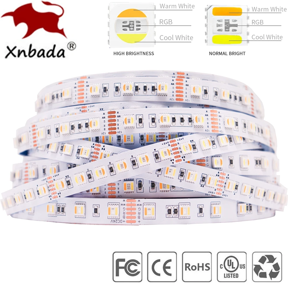 Hightlight 5050 RGBCCT 5 in 1 LED Strip RGB WW CW 2700-6500K Lights RGBW  RGBCW RGBWW 6Pin Ribbon 60/96Leds/m White PCB DC12/24V