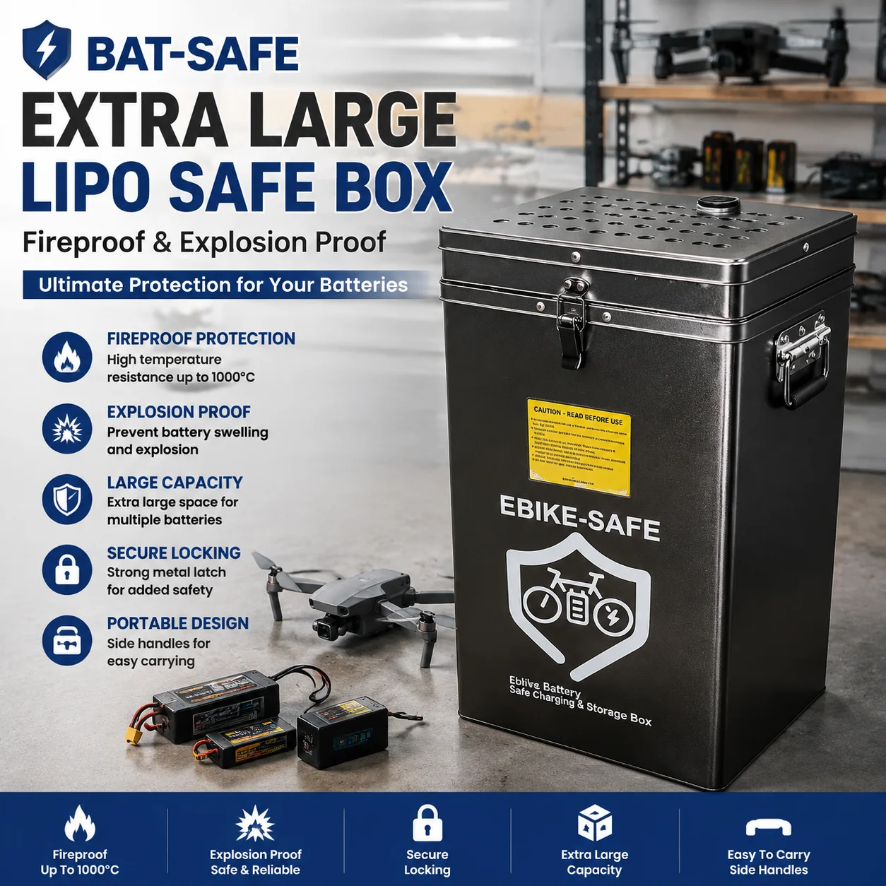 BAT-SAFE Extra Large LiPo Safe Box - Fireproof Explosion Proof Container for RC Drone Airplane Battery Storage