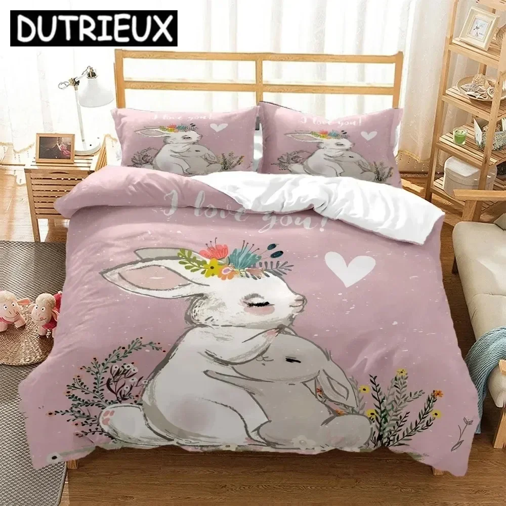 Rabbit HD Print Bedding Set，Teens King Size Bedding Set，children's Bed Double Bed Duvet Covers Pillowcase Comforter Bedding Set