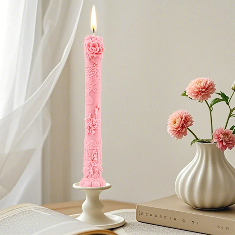 Relief Rose Flower Silicone Candle Moulds Lily Long Pole Gypsum Molds Plant Shape Cylinder Resin Decor Peony Soap Makinhg Tools