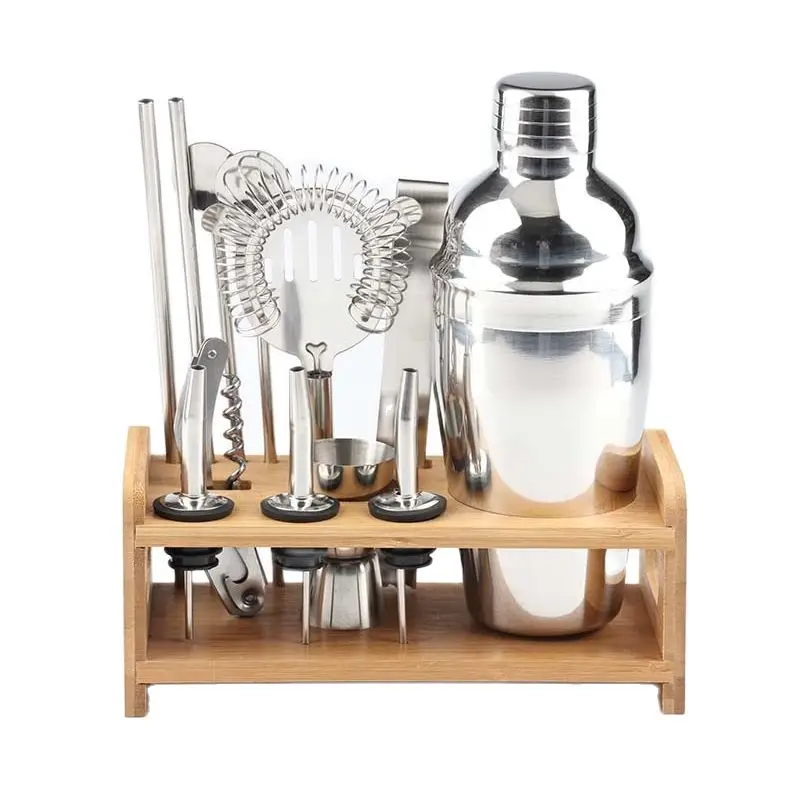 Cocktail Shaker Kit with Bamboo Rack Bar Set Bartender Kit 350ml 550ml