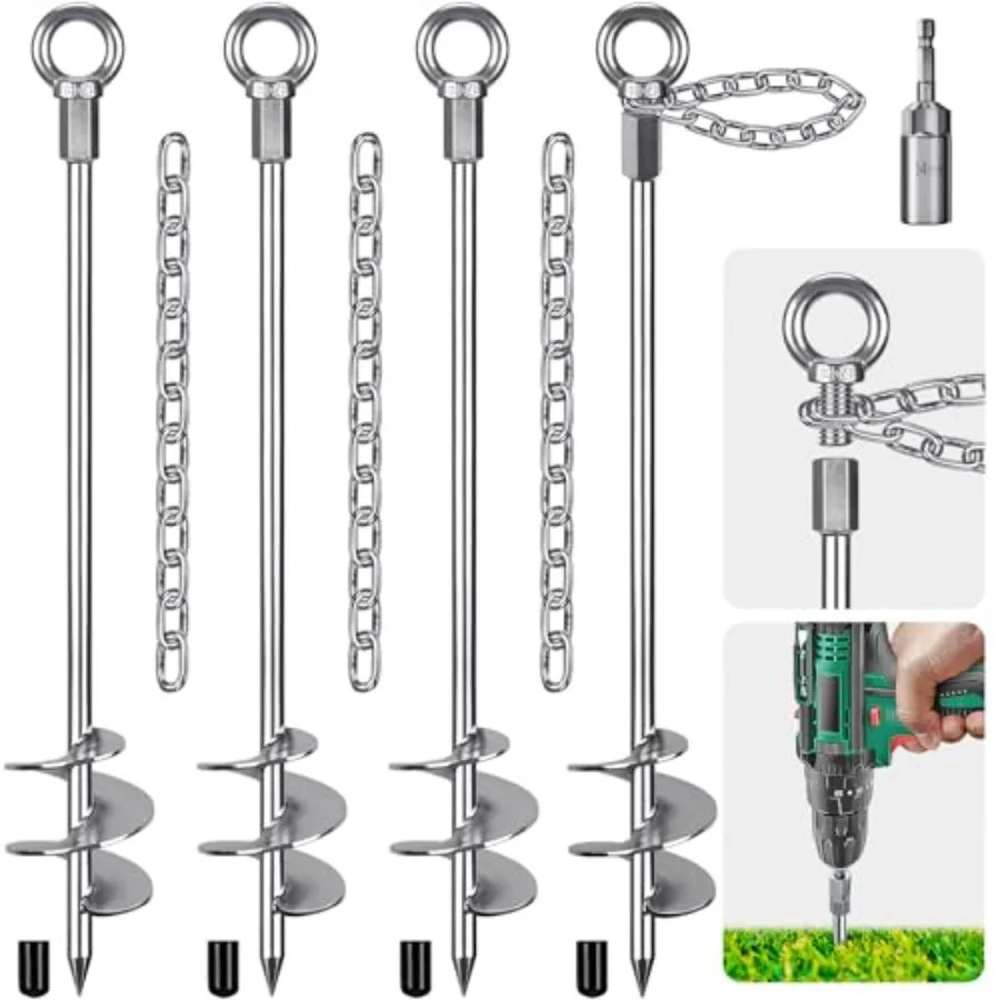 

30'' Ground Anchors Screw in with Chain Heavy Duty Trampoline Stakes 4pcs Trampoline Anchors Mobile Home Anchors for Camping Te