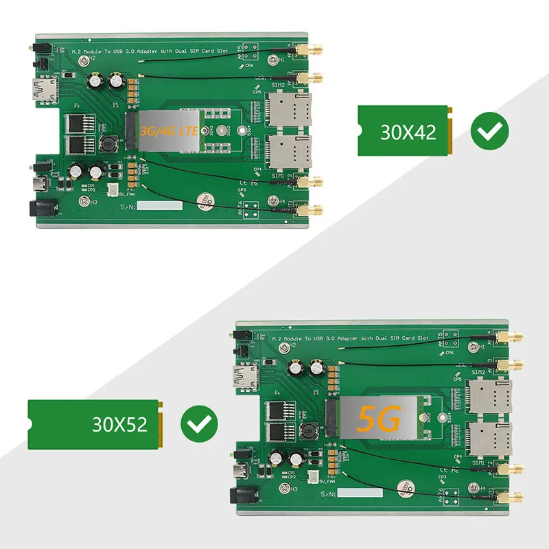 M.2 NGFF โมดูล B สำหรับ USB3.0 3G/4G/5G อะแดปเตอร์เครือข่ายไรเซอร์บอร์ดสองซิมช่องเสียบบัตร DC / TYPE-C ไฟเสริม W/4เสาอากาศ