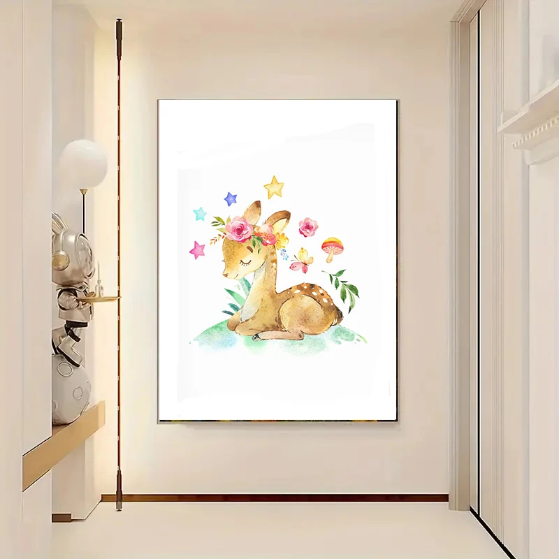 Abstract Color Mushroom & Magic Fairy Canvas Prints Cute Sika Deer Animal Wall Art Poster for Bedroom Nursery & Girl Room Decor