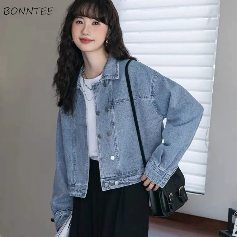 

Vintage Denim Jackets Women Baggy Teens Double Breasted Clothes American Streetwear College Y2k Coats Chaqueta Washed Trendy