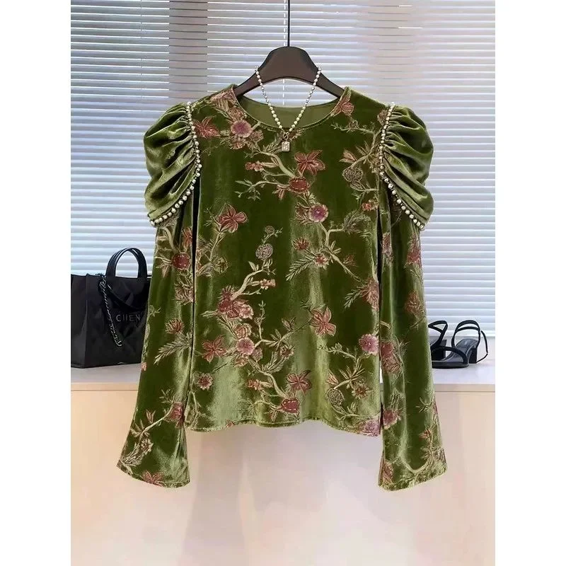 

Chinese Style 2025 Autumn Winter New T-Shirts Ladies Fashion Printing O-neck Long Sleeve Bottoming Shirt Embroidered Flares Tops