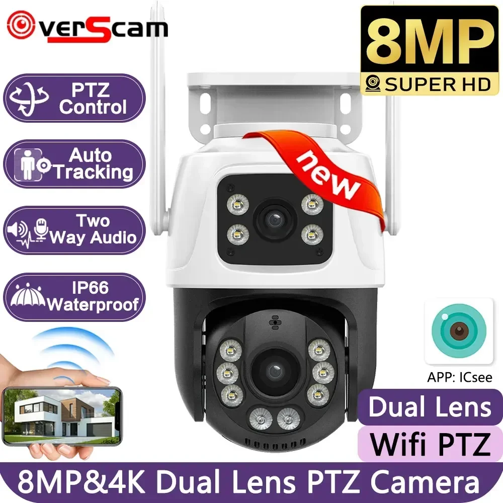 Kamera IP pintar WiFi 8MP 4K PTZ, perlindungan rumah pintar layar lensa ganda warna penglihatan malam pelacak otomatis kamera pelindung keamanan CCTV